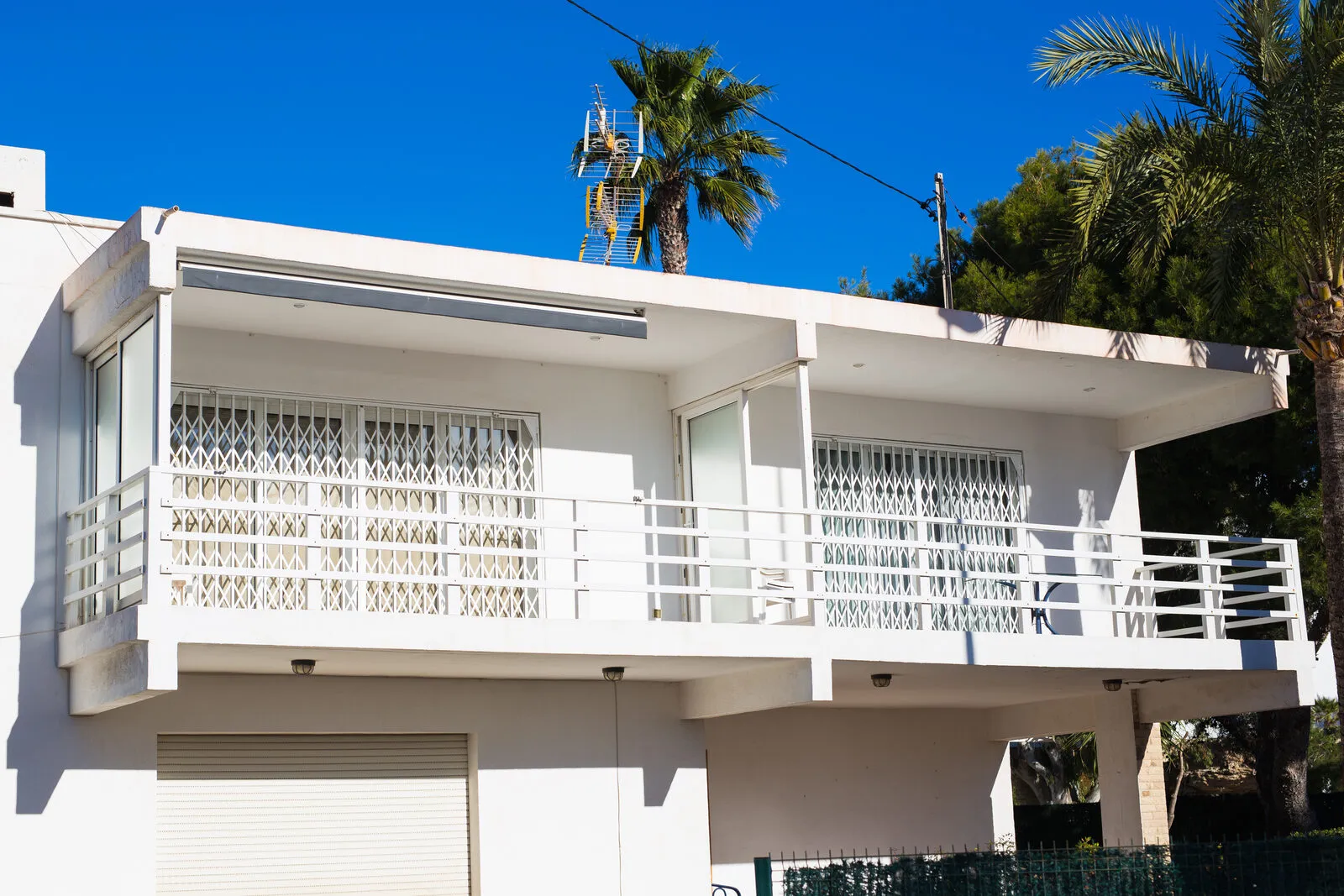 Clean Florida building framed by palm trees against a blue sky