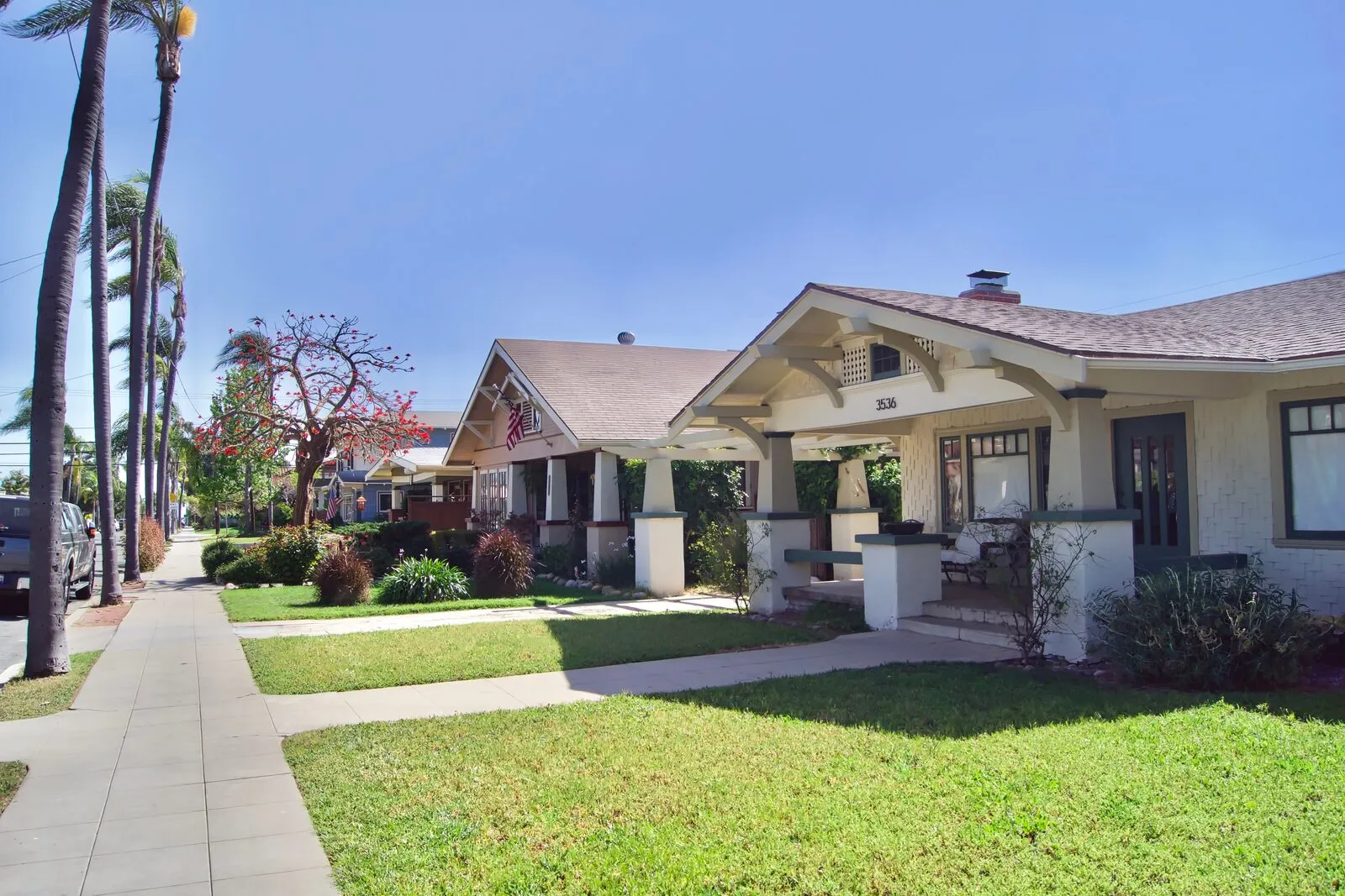 Quiet Florida residential street with everyday bungalow homes and palm trees